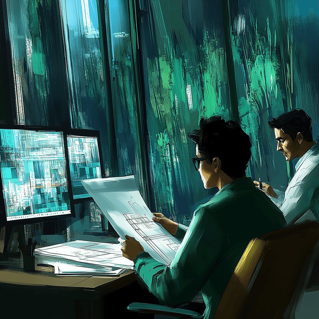 Two men reviewing architectural drawings in front of a computer