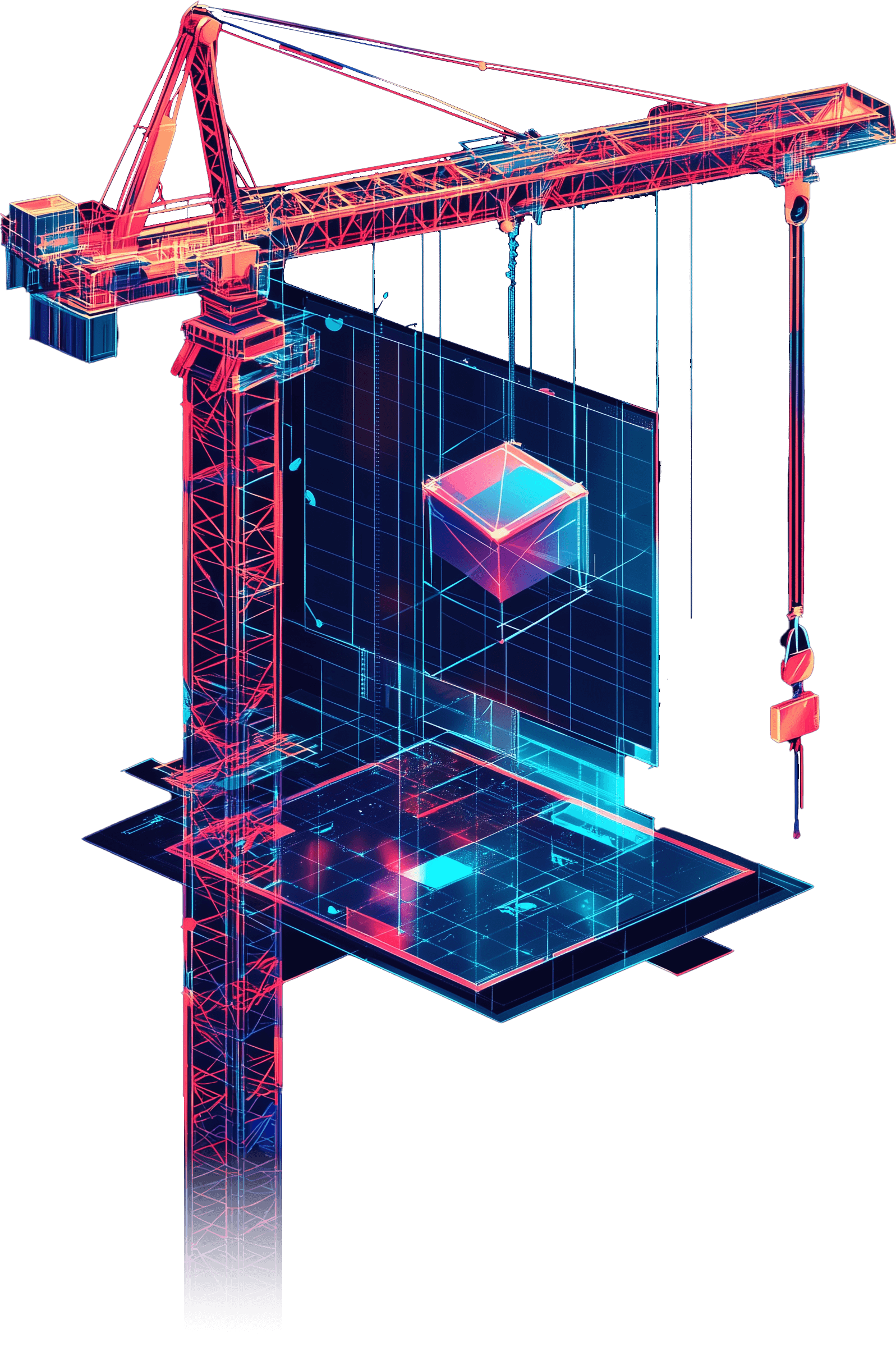 A construction crane lifting geometric shapes into place on translucent screens