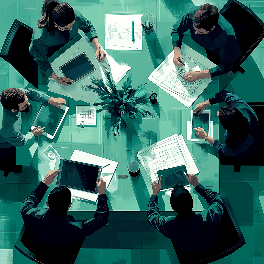 A group of people at a table with architectural drawings and computers
