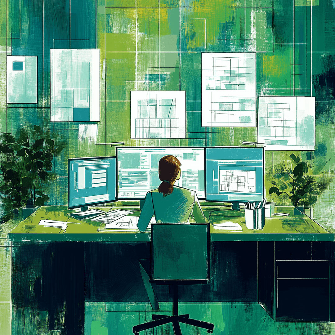 A woman working with CAD software on several computer screens